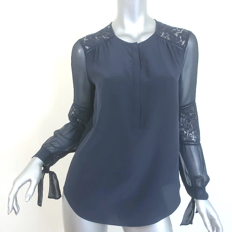 Rebecca Taylor Sarah Lace-Paneled Top Navy Silk Size 0 Tie-Cuff Blouse Floral Print Blouse Rebecca Taylor Sarah Lace-Paneled Top Navy Silk Size 0 Tie-Cuff Blouse Floral Print Blouse