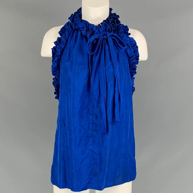 ROBERT RODRIGUEZ Size 8 Blue Silk Ruffled Blue Blouse Feminine Tie Blouse