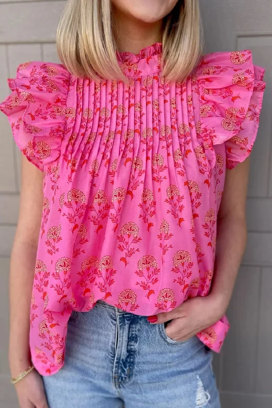 Ruffled Printed Mock Neck Cap Sleeve Blouse Cotton Casual Blouse