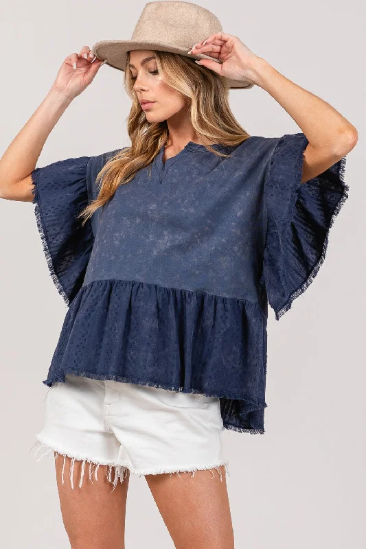 Ruffle Sleeve Washed Short Sleeve Blouse Sheer Mesh Blouse