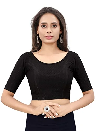 SAGIBO Round Neck Dobby Cotton Lycra Stretchable Elbow Sleeve Readymade Saree Blouse for Women Stylish Drape Neck Blouse