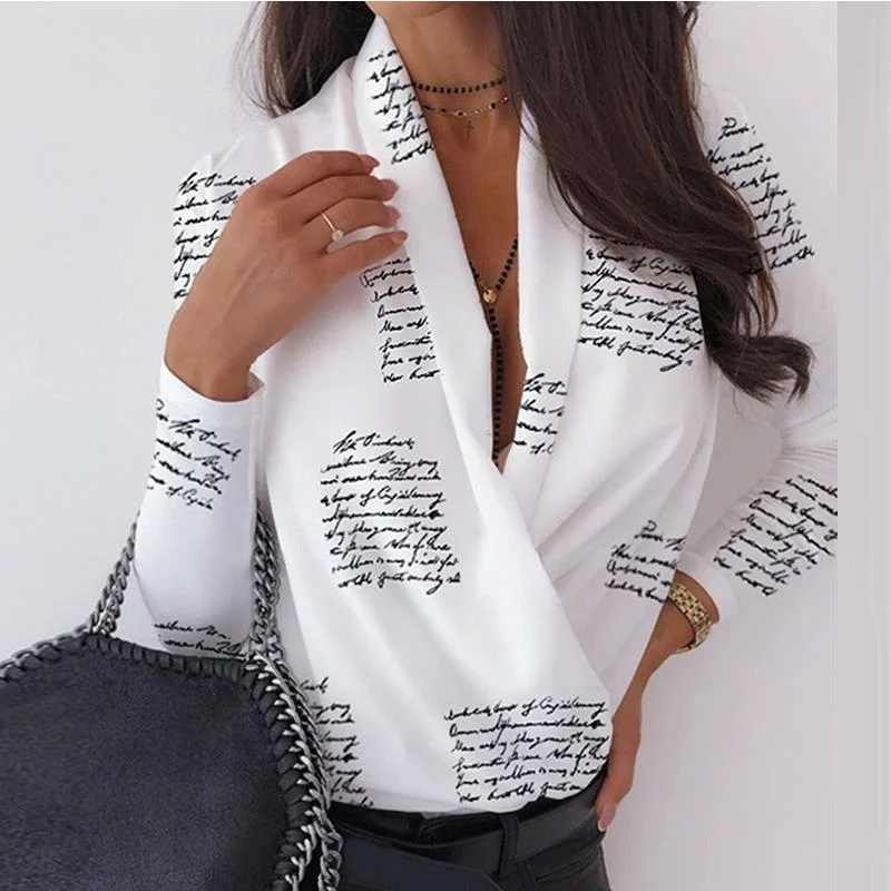 Sexy Deep V-Neck Blouse Print Elegant Office Delicate Bow Blouse