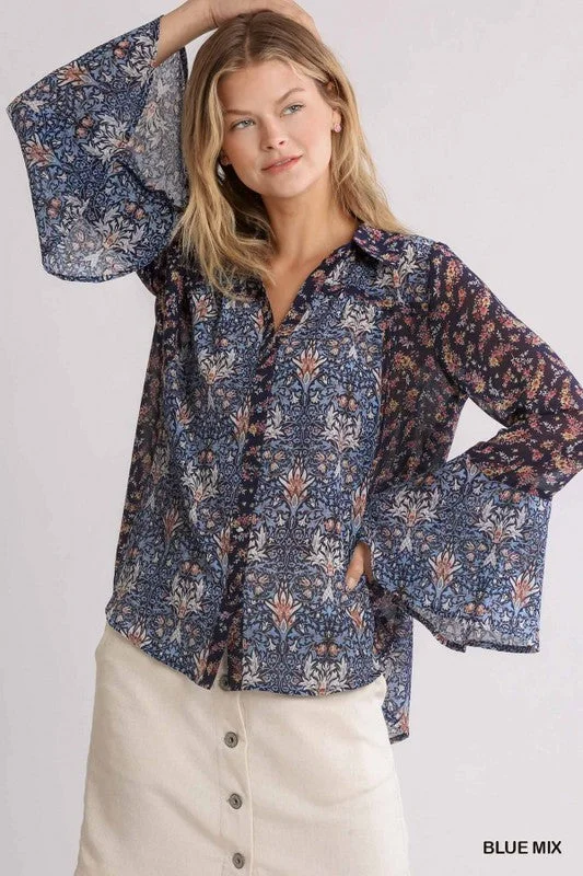 Sheer Mix Floral Bell Sleeve Blouse Feminine Satin Blouse