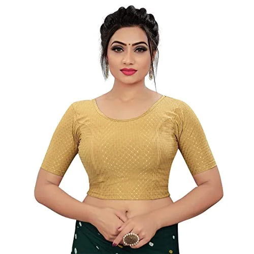 Sidhidata Round Neck Dobby Cotton Lycra Stretchable Elbow Sleeve Readymade Saree Blouse for Women Stylish (Free Size) (A Beige, Free Size-38-42) Slim Fit Blouse Sidhidata Round Neck Dobby Cotton Lycra Stretchable Elbow Sleeve Readymade Saree Blouse for Women Stylish (Free Size) (A Beige, Free Size-38-42) Slim Fit Blouse