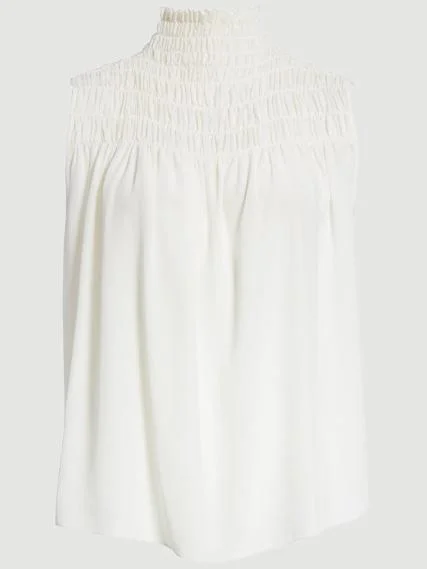 Silk Smocked Sleeveless Blouse -- Off White Feminine Ruffle Blouse
