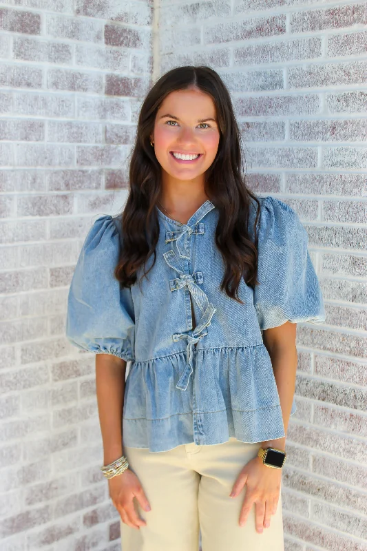 Sofie The Label - Norah Denim Blouse with Front Ties Feminine Puff Blouse