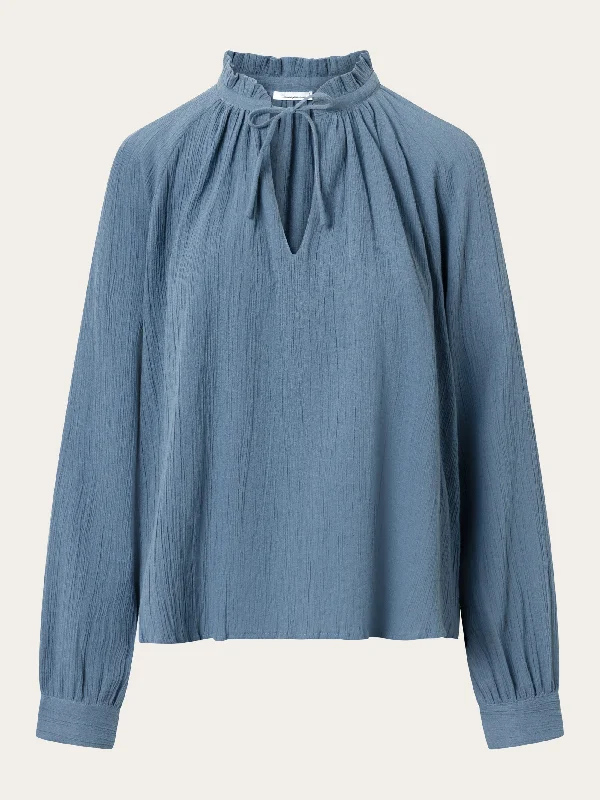 Stand ruffle collar A-shape blouse - China Blue Pleated Collar Blouse
