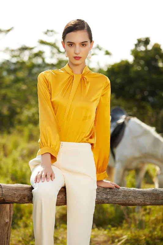Sun-Kissed Gold Satin Blouse Silky Tunic Blouse