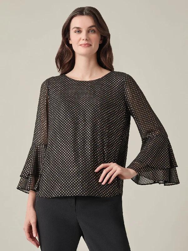 Tiered Bell Sleeve Blouse, Sparkle Detail Chic Wrap Blouse