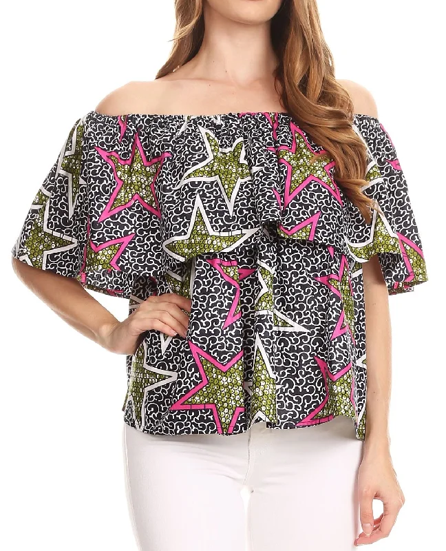 Sakkas Imani Colorful Wax African Ankara Dutch Off-shoulder Blouse Top Gorgeous Embellished Collar Blouse Sakkas Imani Colorful Wax African Ankara Dutch Off-shoulder Blouse Top Gorgeous Embellished Collar Blouse