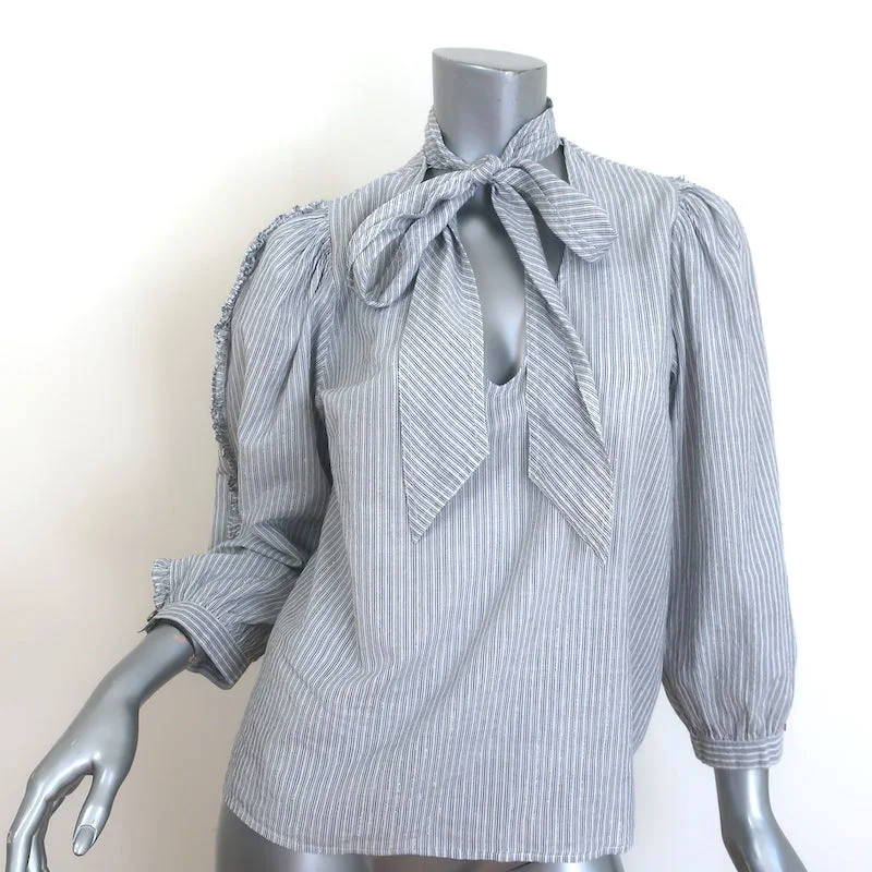 Ulla Johnson Julie Tie-Neck Blouse Gray/White Lurex-Striped Cotton Size 6 Elegant Embroidery Blouse