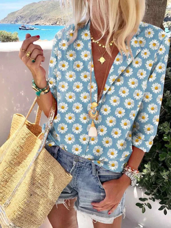 V-neck Breathable Daisy Flower Blouses Stretchy Fitted Blouse
