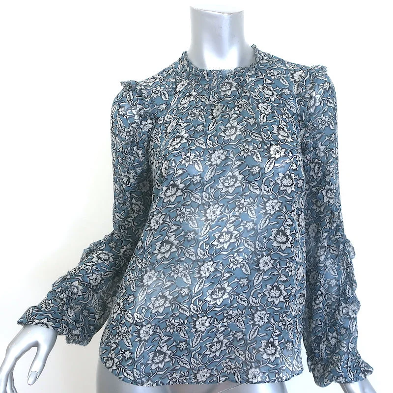 Veronica Beard Carolina Blouse Blue Floral Print Silk Size 2 Ruffle Sleeve Top Textured Cotton Blouse Veronica Beard Carolina Blouse Blue Floral Print Silk Size 2 Ruffle Sleeve Top Textured Cotton Blouse