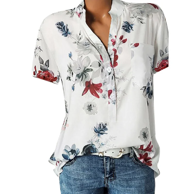 Women Printing Pocket Plus Size Blouse Embroidered Cotton Blouse