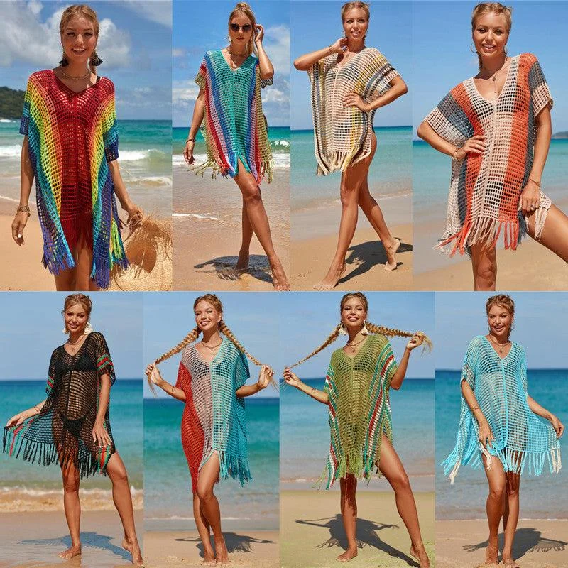 Women's Knitted Colorful Striped Beach Blouse Elegant Lace Blouse