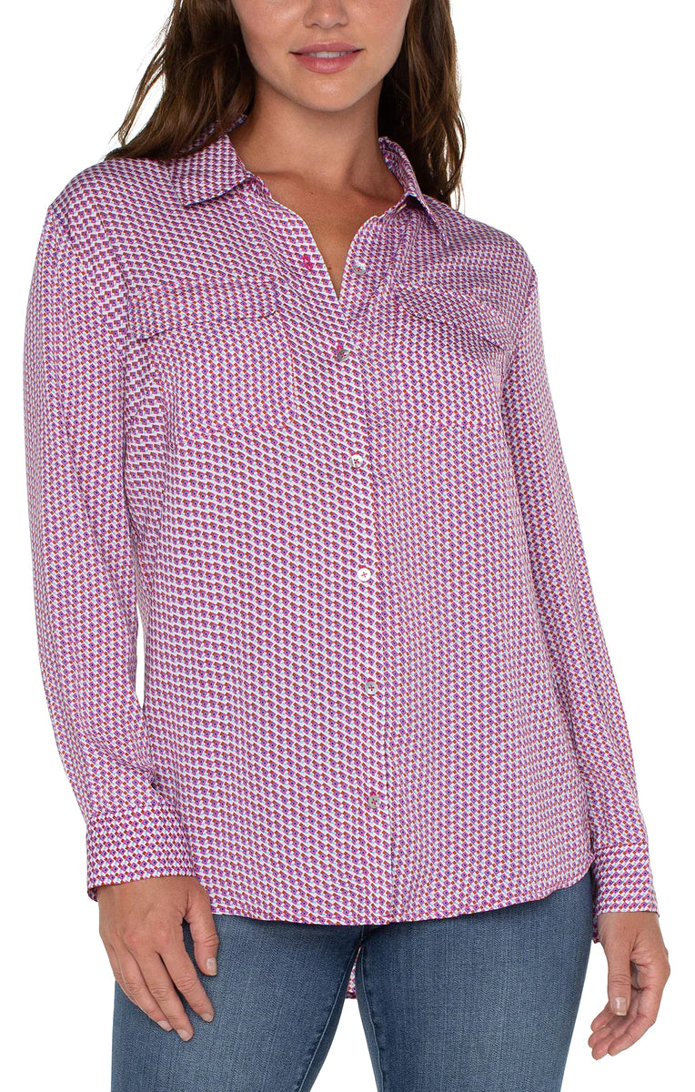 Woven Blouse with Pocket in Fuchsia Sheer Mesh Blouse
