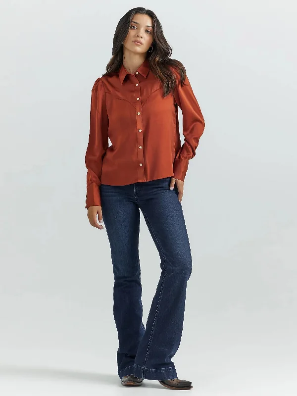 Wrangler Women's Satin Rodeo Blouse  - Burnt Orange Vintage Polka Blouse