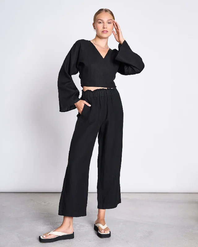 LINEN WRAP BLOUSE RORA BLACK Gathered Detail Blouse