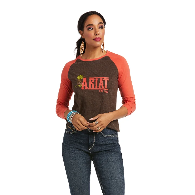 10038063 Ariat Women's REAL Graphic LS Tee Chocovine heather Hooded Caped Shawl Collar