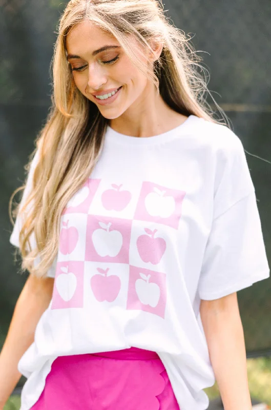 Back To School White Apple Graphic Tee Zippered Buttoned Snapped