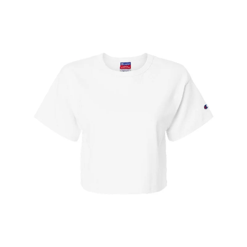Champion Women's Heritage Jersey Crop T-Shirt Asymmetrical Pockets Print