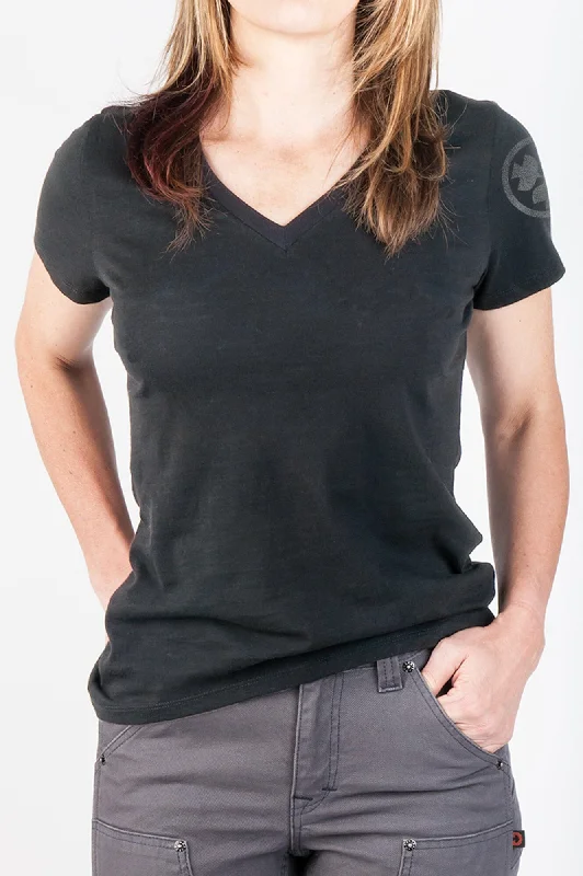 Dovetail Women's Solid V- Neck Tee in Black Spandex Blend Rayon Blend Denim Blend