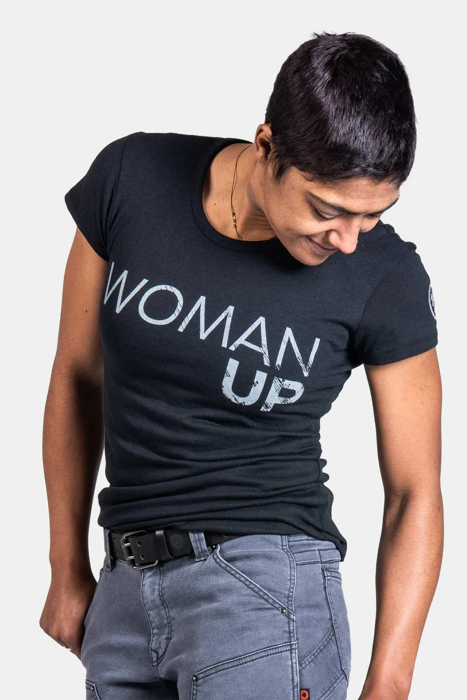 Dovetail Women's Woman Up™ Crew Neck Tee in Black Real Fur Shearling Chenille