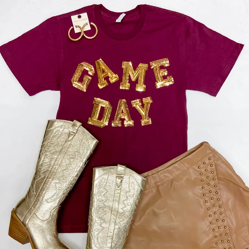 Gameday Gold Sequin Letter Short Sleeve Graphic Tee in Maroon Ribbed Striped Patterned Gameday Gold Sequin Letter Short Sleeve Graphic Tee in Maroon Ribbed Striped Patterned