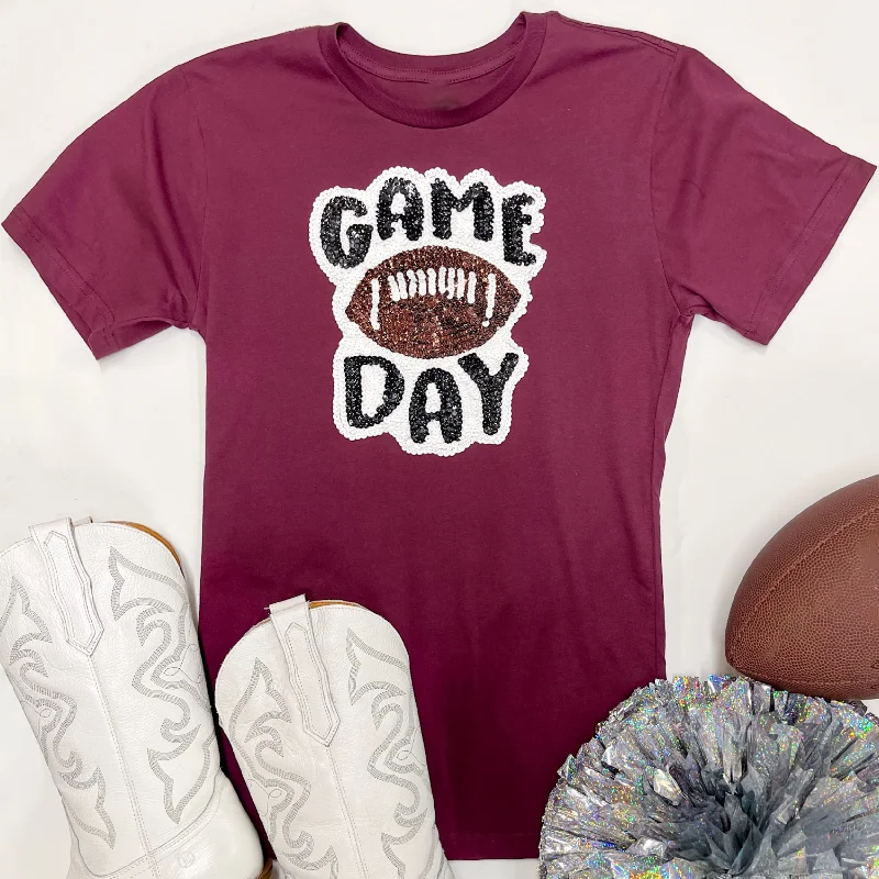 Gameday Sequin Patch Football Short Sleeve Graphic Tee in Maroon Rayon Velvet Corduroy Gameday Sequin Patch Football Short Sleeve Graphic Tee in Maroon Rayon Velvet Corduroy