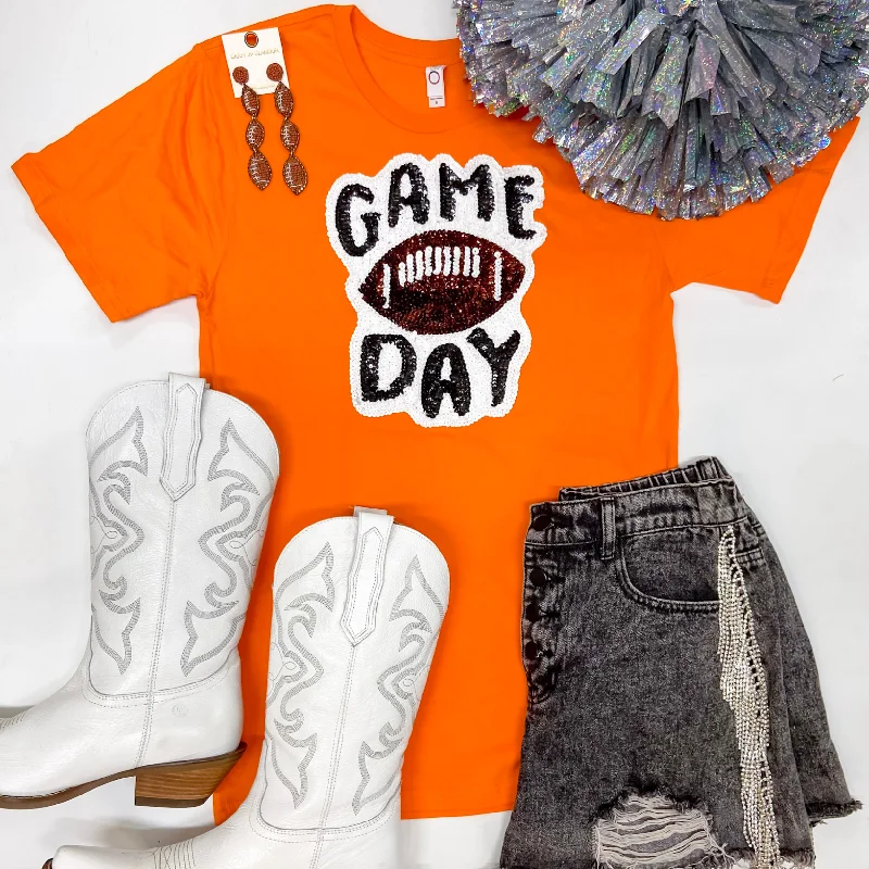 Gameday Sequin Patch Football Short Sleeve Graphic Tee in Orange Elegant Classic Vintage Gameday Sequin Patch Football Short Sleeve Graphic Tee in Orange Elegant Classic Vintage