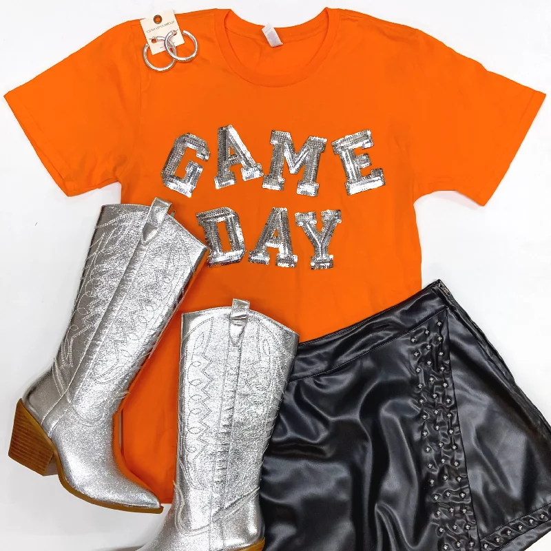 Gameday Silver Sequin Letter Short Sleeve Graphic Tee in Orange Chenille Fabric Brocade Fabric Lace Fabric
