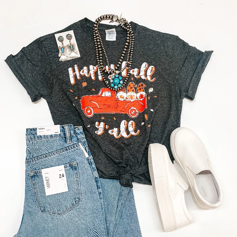Last Chance Size Small | Happy Fall Y'all Gnome Short Sleeve Graphic Tee in Heather Grey Basic T-Shirt Crew Neck Short Sleeve