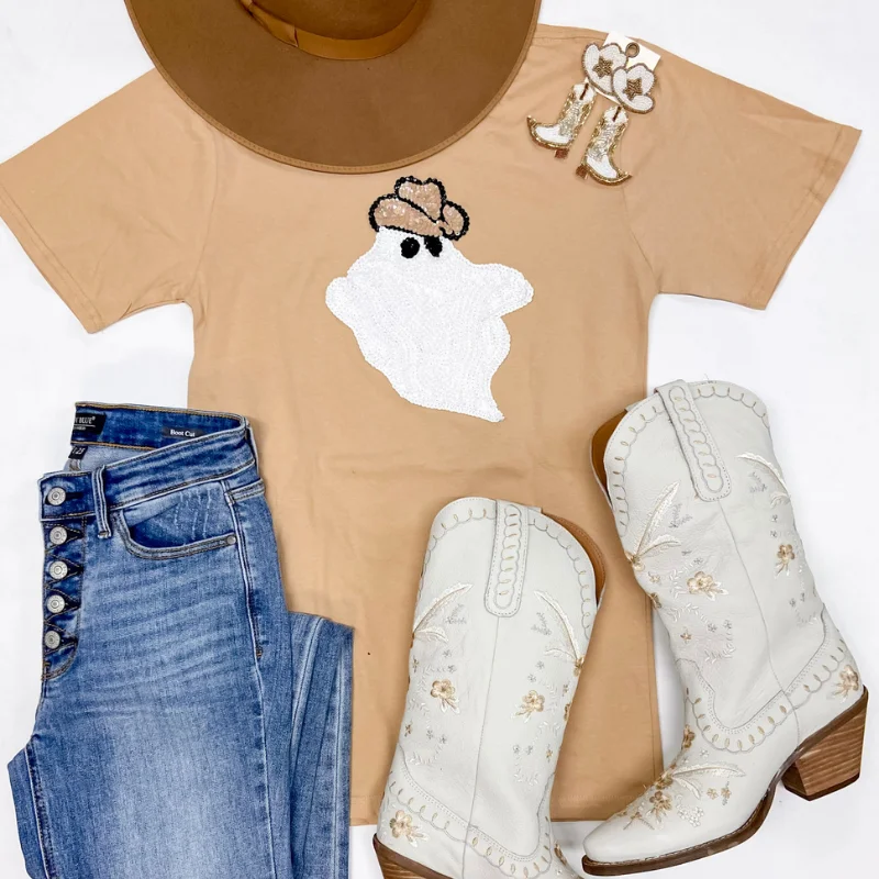 Hauntingly Sparkly Ghost Sequin Patch Short Sleeve Graphic Tee in Brown Sequined Glittery Shiny Hauntingly Sparkly Ghost Sequin Patch Short Sleeve Graphic Tee in Brown Sequined Glittery Shiny