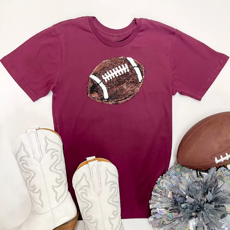 It's A Win Sequin Patch Football Short Sleeve Graphic Tee in Maroon Seamless Knitted Crochet It's A Win Sequin Patch Football Short Sleeve Graphic Tee in Maroon Seamless Knitted Crochet