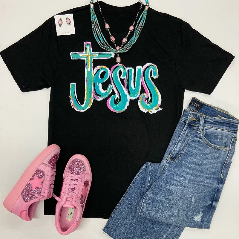 Jesus Cross Short Sleeve Graphic Tee in Black Machine Wash Dry Clean Hand Wash