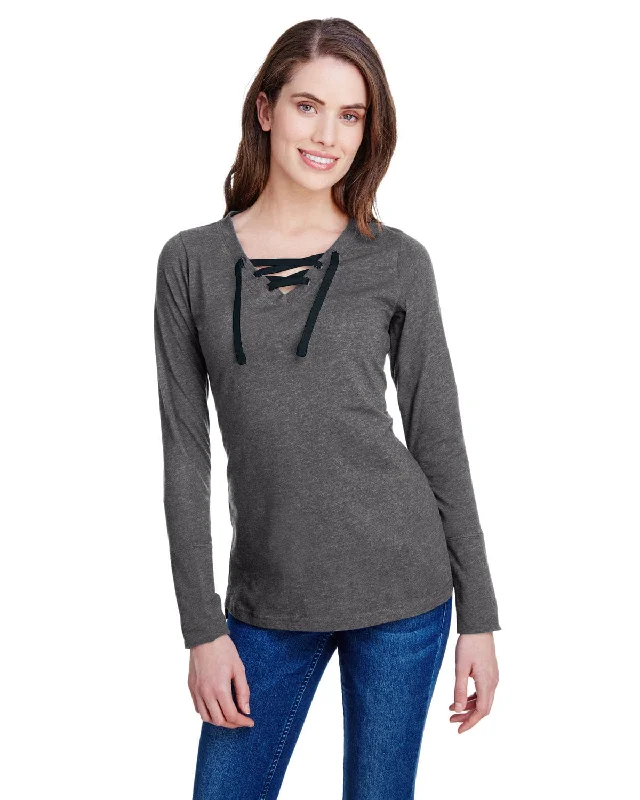 LAT Ladies Long Sleeve Fine Jersey Lace-Up T-Shirt | Vint Smoke/ Blk Chenille Blend Fleece Blend Nylon Blend LAT Ladies Long Sleeve Fine Jersey Lace-Up T-Shirt | Vint Smoke/ Blk Chenille Blend Fleece Blend Nylon Blend