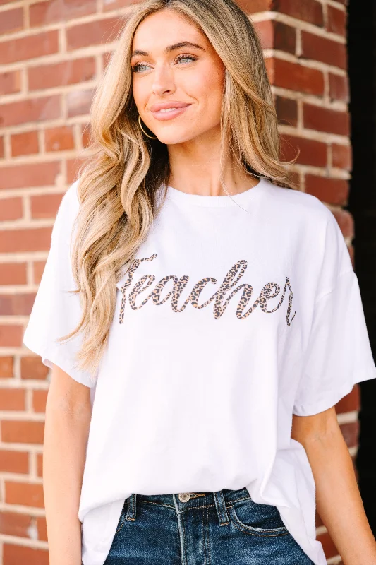 Leopard Teacher White Graphic Tee Notch Collar Peter Pan Collar Cowl Neck
