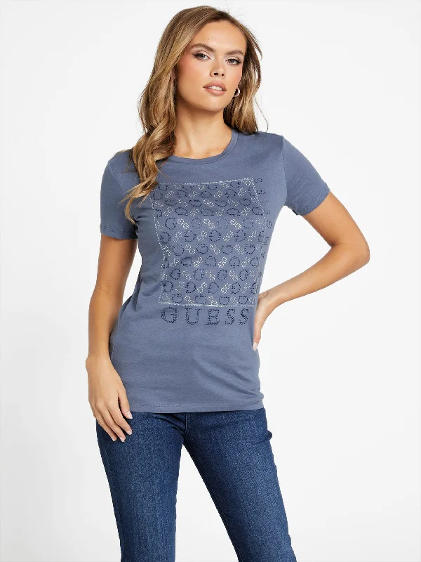 Naty Crewneck Rhinestone Tee Mesh Fabric Canvas Fabric Denim Fabric