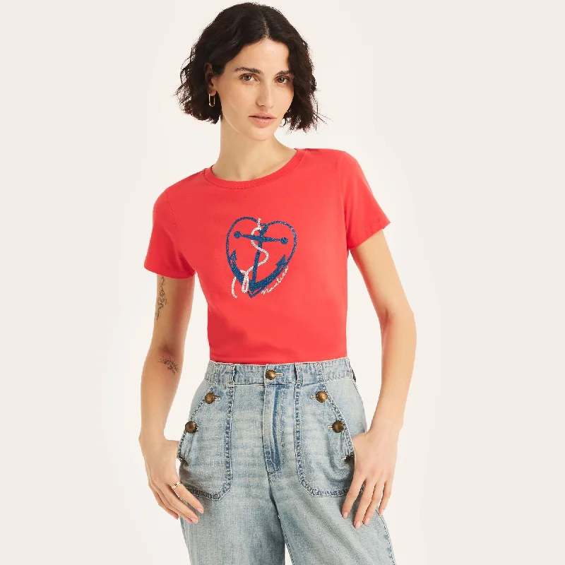 Nautica Womens Sustainably Crafted Glitter Hearted Anchor Graphic T-Shirt Fitted T-Shirt Seamless Stretchy Nautica Womens Sustainably Crafted Glitter Hearted Anchor Graphic T-Shirt Fitted T-Shirt Seamless Stretchy