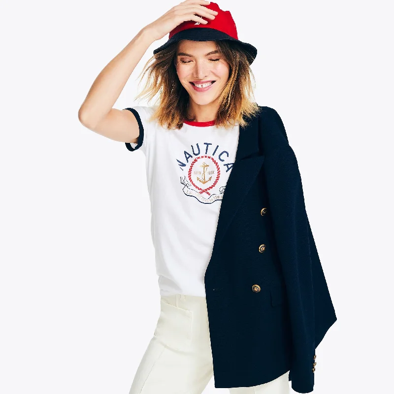 Nautica Womens Sustainably Crafted Heritage Foil Logo Graphic T-Shirt Satin Blend Silk Blend Wool Blend Nautica Womens Sustainably Crafted Heritage Foil Logo Graphic T-Shirt Satin Blend Silk Blend Wool Blend