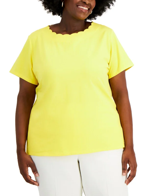 Plus Womens Scalloped Short Sleeve T-Shirt Lace Blend Ribbed Blend Corduroy Blend