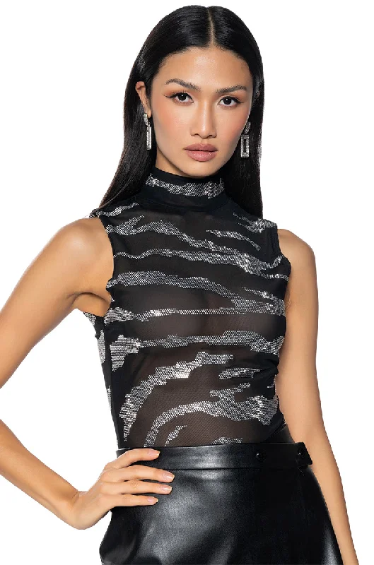 POP STAR ZEBRA RHINESTONE SLEEVELESS MESH TEE Polka Dot Checkered Tartan