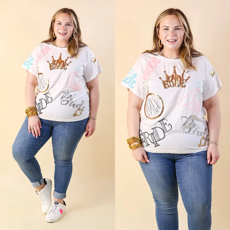 Queen Of Sparkles | Happily Ever After Bride Fully Sequin Short Sleeve Tee in White Casual Formal Business Queen Of Sparkles | Happily Ever After Bride Fully Sequin Short Sleeve Tee in White Casual Formal Business