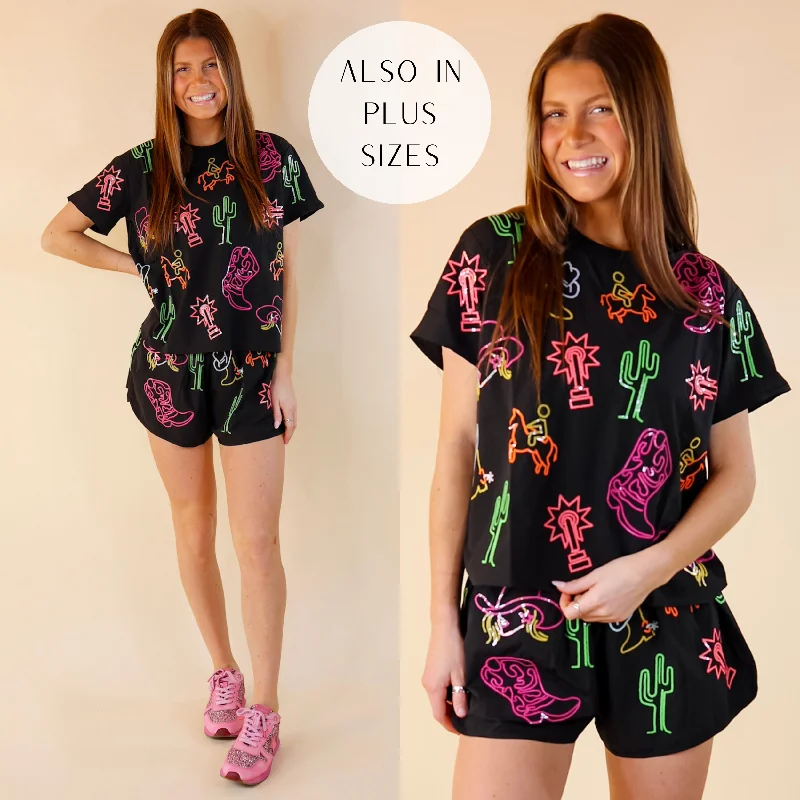 Queen Of Sparkles | Ranch Romance Western Icon Neon Colored Sequin Short Sleeve Tee in Black Fitted T-Shirt Seamless Stretchy Queen Of Sparkles | Ranch Romance Western Icon Neon Colored Sequin Short Sleeve Tee in Black Fitted T-Shirt Seamless Stretchy