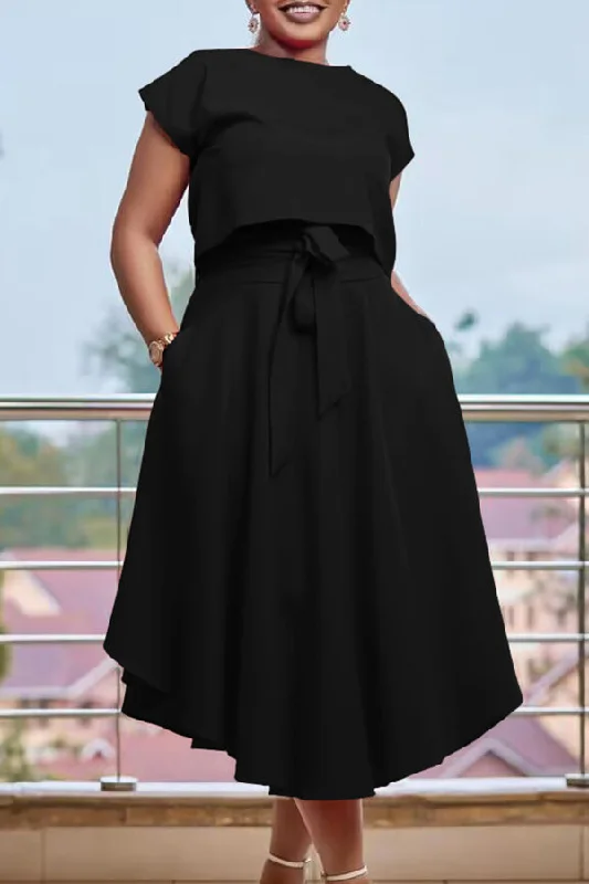 High Waist Tie Front Skirt & T-shirt Set Hooded Caped Shawl Collar