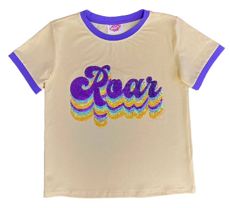Retro Purple and Gold ROAR Tee Solid Color Striped Floral