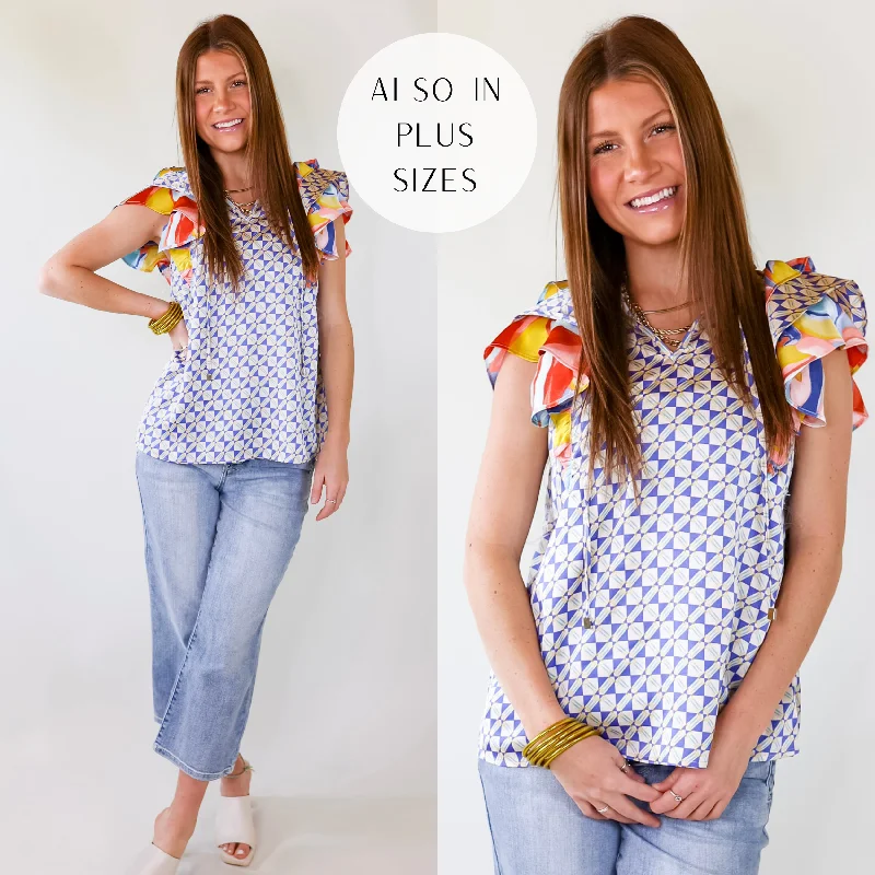 Blissful Expressions Ruffled Capped Sleeves and Tied Keyhole Neck Tee in Beige and Blue Notch Collar Peter Pan Collar Cowl Neck