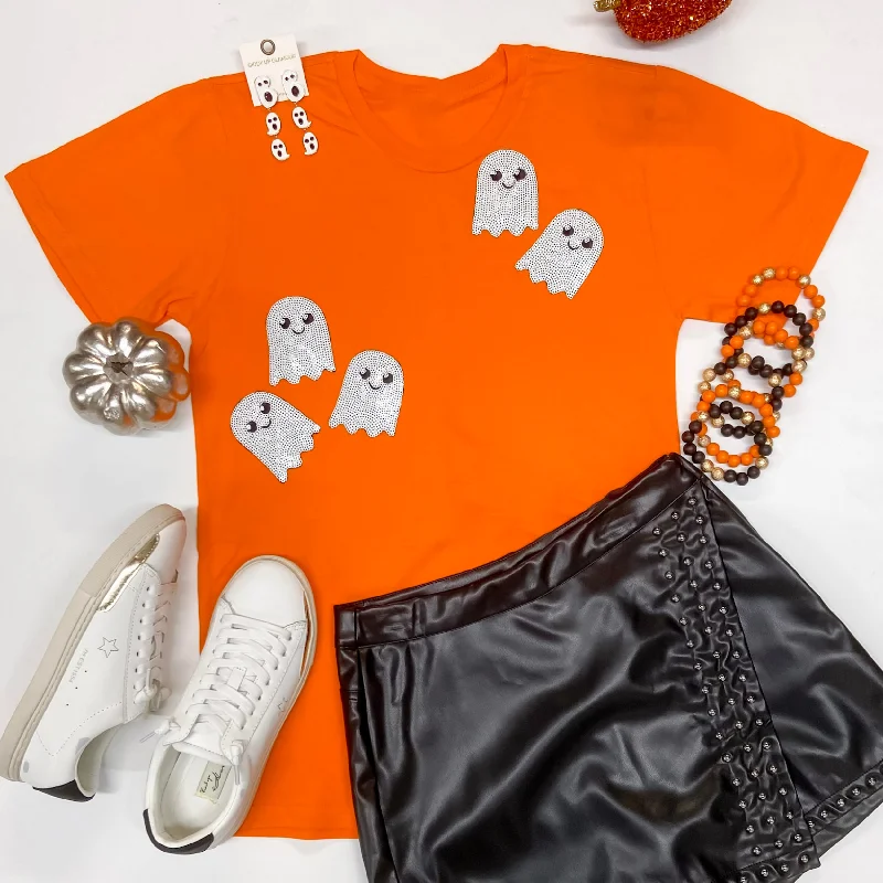Not A Scare In The World Sequin Ghost Short Sleeve Graphic Tee in Orange Basic T-Shirt Crew Neck Short Sleeve Not A Scare In The World Sequin Ghost Short Sleeve Graphic Tee in Orange Basic T-Shirt Crew Neck Short Sleeve