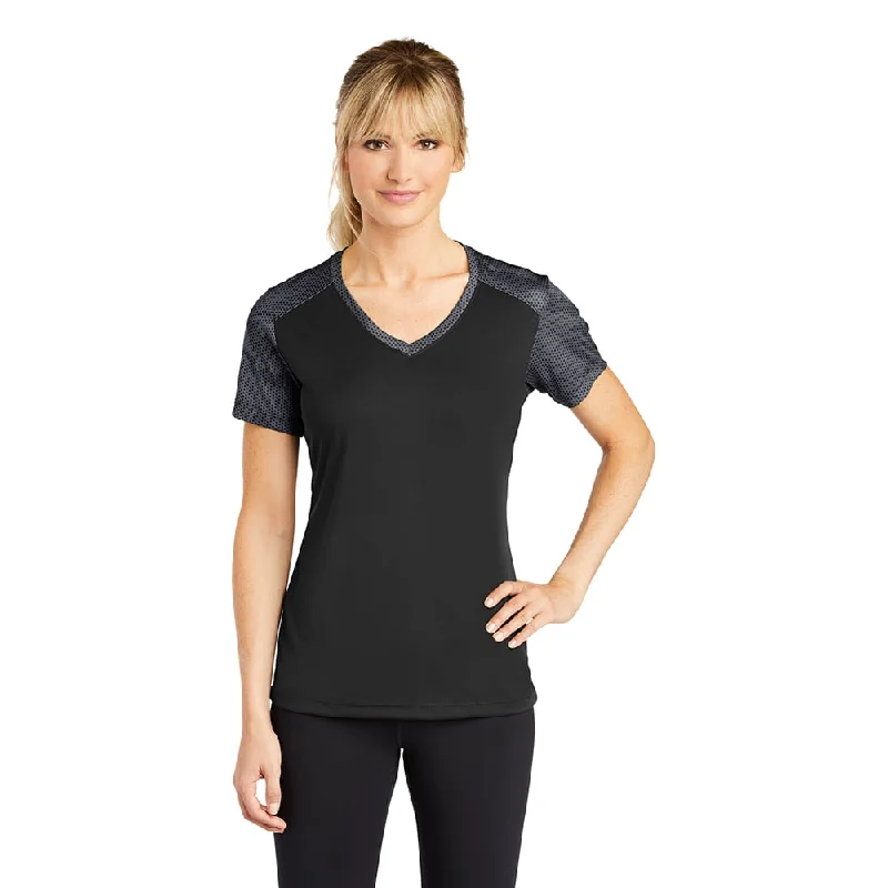 Sport-Tek LST371 Women's CamoHex Two-Tone V-Neck T-Shirt Rayon Velvet Corduroy