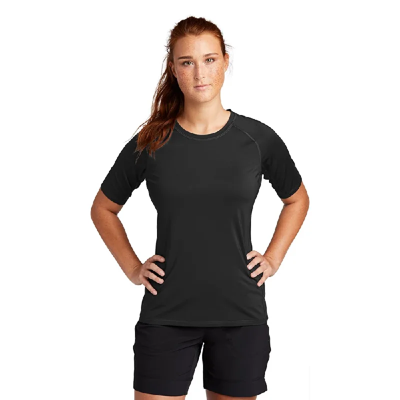 Sport-Tek LST470 Women's Short Sleeve Rashguard T-Shirt Zippered Front Buttoned Front Snap Front Sport-Tek LST470 Women's Short Sleeve Rashguard T-Shirt Zippered Front Buttoned Front Snap Front